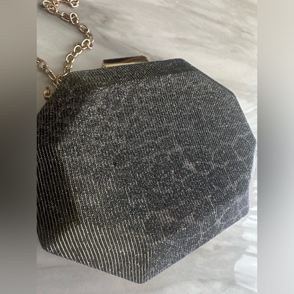 Metallic Black Octagon Evening Clutch with Chain